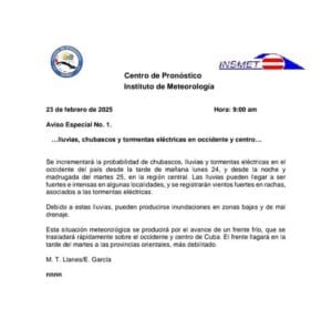 INSMET Alerta sobre intensas lluvias y tormentas eléctricas en el Occidente y Centro de Cuba
