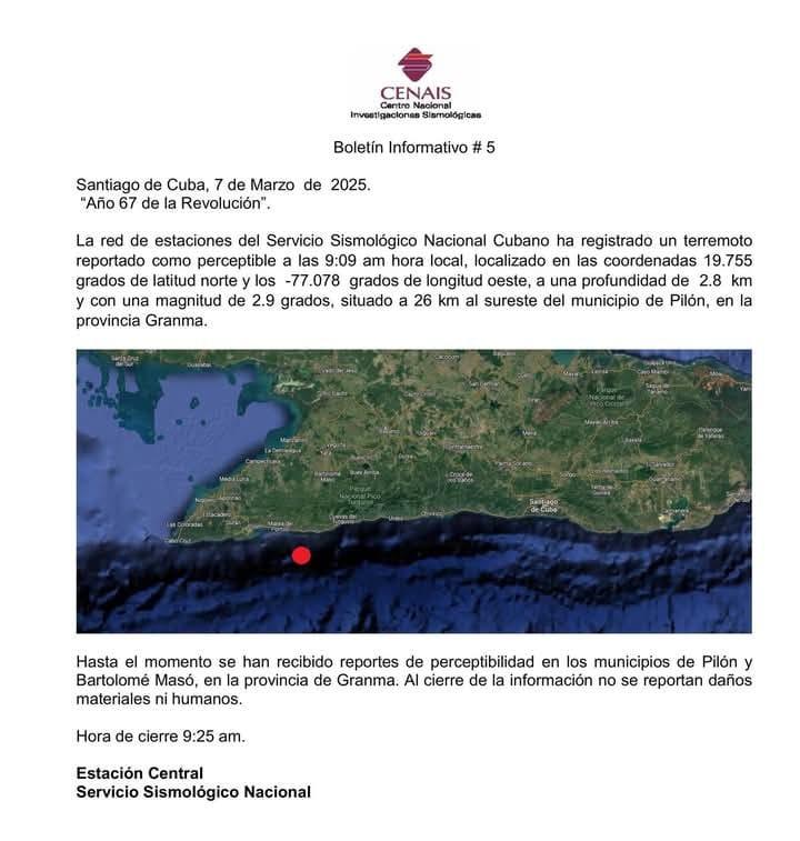 Nuevo sismo perceptible en Granma