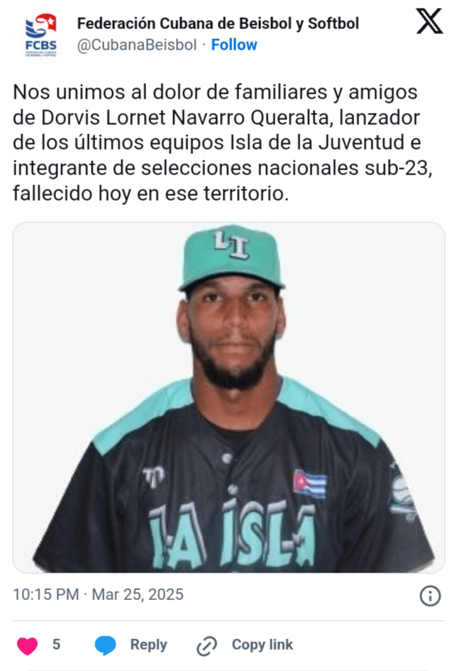 Fallece el joven pelotero cubano Dorvis Lornet Navarro Queralta a los 24 años