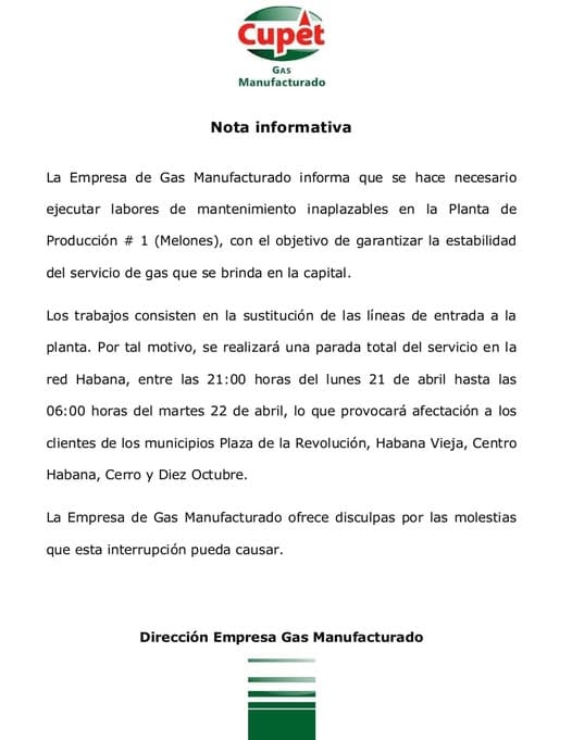 Afectaciones en servicio de gas manufacturado