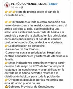 El pan solo para niños de 0 a 13 años en Guantánamo