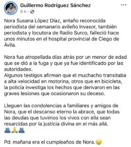 Periodista Nora Susana López Díaz, quien falleció tras ser atropellada en Ciego de Ávila.
