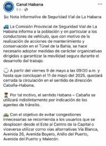 Cierre temporal del Túnel de La Habana por mantenimiento