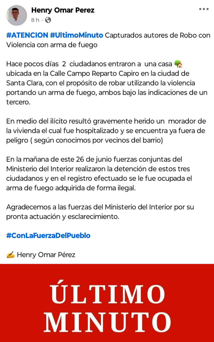 Robo a mano armada en Santa Clara: detienen a tres implicados tras violento asalto en el reparto Capiro