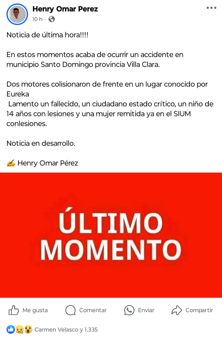 Tragedia en Santo Domingo, Villa Clara: un fallecido y varios heridos en choque de motos