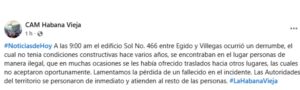 Persona muere tras derrumbe en Habana Vieja en un edificio declarado en mal estado