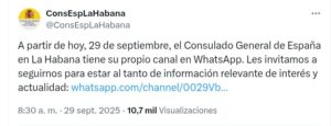 Consulado de España en La Habana lanza canal oficial de WhatsApp para trámites y Ley de Nietos