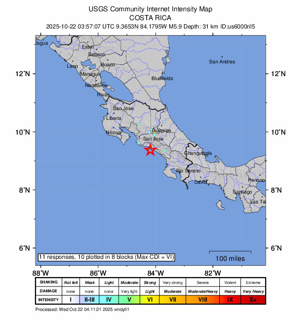 Sismo de magnitud 6,1 remeció Costa Rica sin causar daños graves