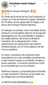Hallan sin vida a Antonio Angulo Caballero, de 74 años desaparecido desde el 23 de Octubre.