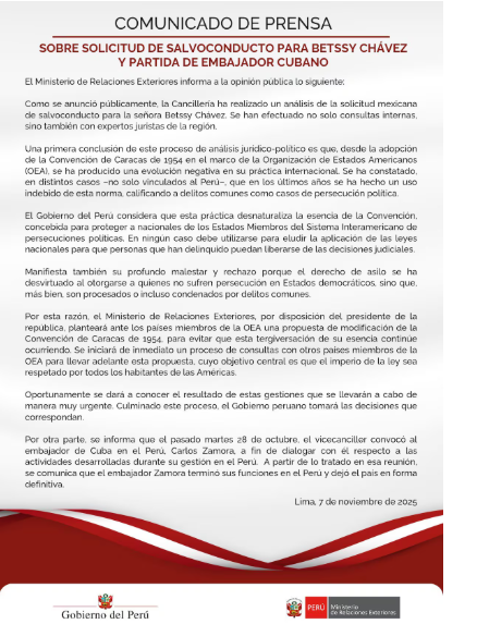 Perú retira al embajador de Cuba en medio de la crisis por el asilo de Betssy Chávez