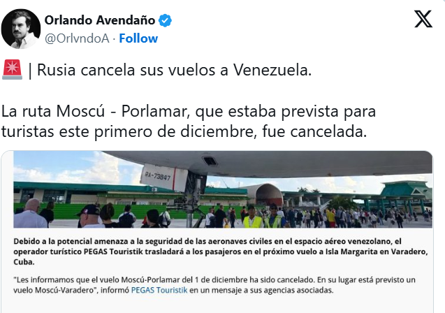 Cancelan vuelos rusos hacia Venezuela. Un giro inesperado en el turismo ruso hacia Cuba