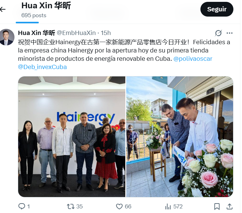 La empresa china Hainergy inauguró su primera tienda minorista de energía renovable en Cuba. El proyecto refuerza la cooperación chino-cubana en 2025 y busca aliviar la crisis energética de la Isla.