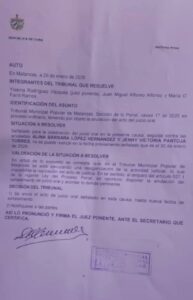 Nota del Tribunal de Matanzas/ Facebook: Jenny Pantoja