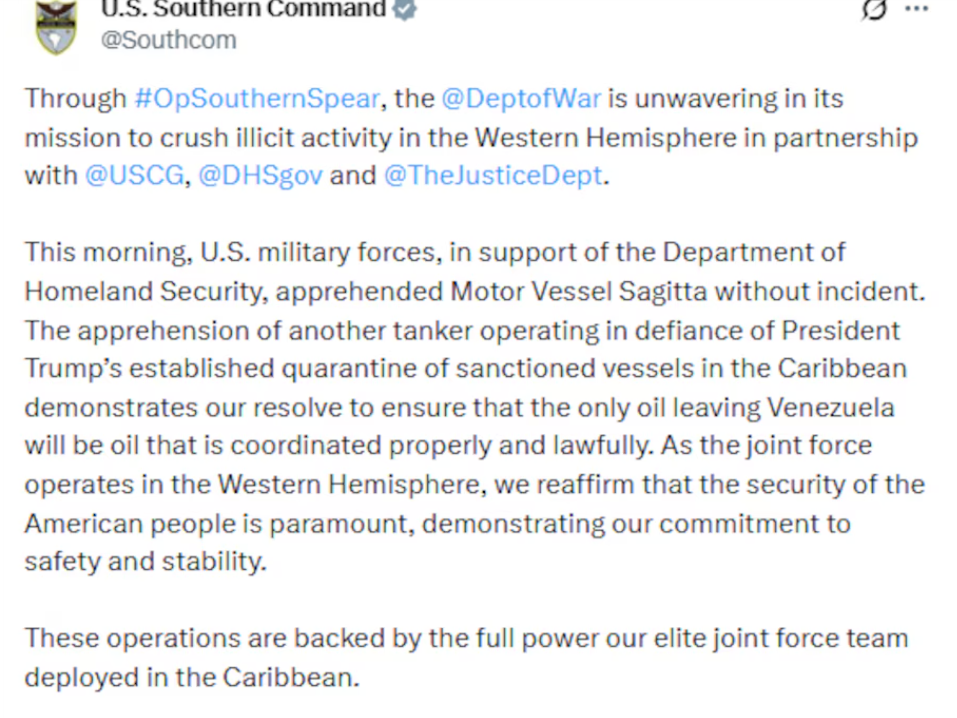 El Comando Sur de Estados Unidos incautó un buque petrolero en el mar Caribe, cerca de Venezuela, como parte del bloqueo naval impuesto por la administración de Donald Trump contra embarcaciones sancionadas vinculadas al comercio de crudo venezolano.