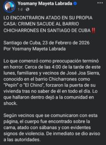 Hallan hombre atado y sin vida en su casa del barrio Chicharrones, en Santiago de Cuba