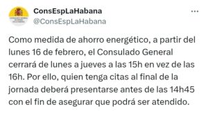 Consulado General de España en La Habana reduce su horario por el ahorro energético ante la crisis eléctrica en Cuba y brinda información importante a los que tienen cita.