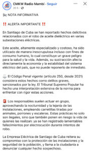 Alerta en Santiago de Cuba por robos de aceite dieléctrico para consumo humano.
