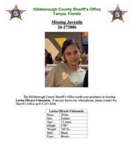 Buscan a Larisa Olivera Valenzuela, menor de 12 años desaparecida en Tampa, Florida