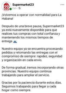 Supermarket23 reanuda sus entregas en La Habana tras semanas de interrupciones