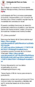Ofrecen empleo en la Embajada de Perú en Cuba: estos son los requisitos