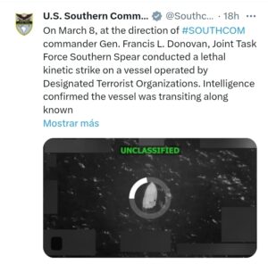 Nuevo ataque de EE.UU. contra presunta embarcación con drogas en el Pacífico deja seis muertos.