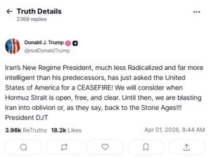 Trump exige la apertura del estrecho de Ormuz como condición para un alto el fuego con Irán