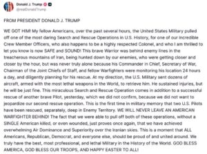 Trump anuncia el rescate de un coronel en Irán en una operación calificada como "histórica"
