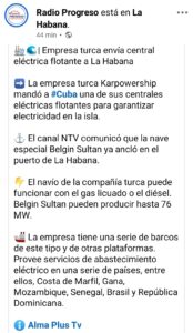 Informa medio estatal que Central eléctrica flotante turca llega a La Habana y pudiera  reforzar el suministro energético