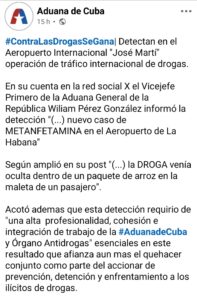 Detectan intento de tráfico de metanfetamina en el Aeropuerto de La Habana