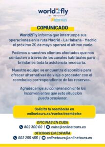World2Fly cancela su ruta Madrid-La Habana y deja a Air Europa como única aerolínea española que sigue volando a Cuba
