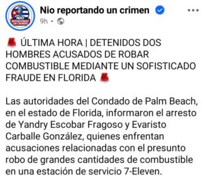 Detenidos 2 individuos por presunto robo de combustible con método sofisticado en Palm Beach, Florida