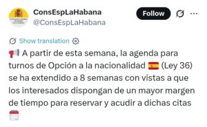 Consulado de España en La Habana anuncia medida para agilizar citas de nacionalidad española.
