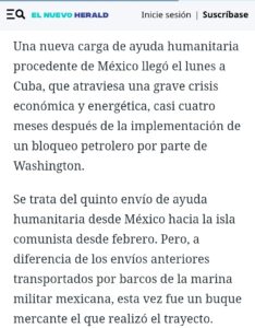 Llega a Cuba un nuevo envío de ayuda humanitaria desde México en medio de la crisis energética