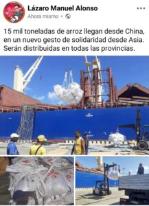 Cuba recibe 15 mil toneladas de arroz desde China en medio de la profunda crisis alimentaria.