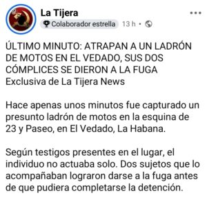 Capturan a presunto ladrón de motos en El Vedado tras intento de robo en plena vía pública