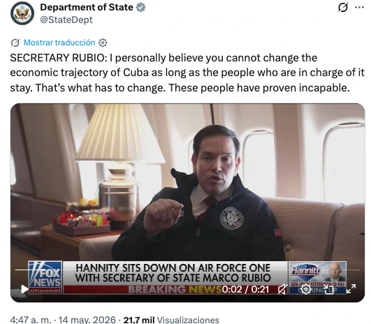 Marco Rubio lanza un ultimátum: "La economía cubana no cambiará mientras los de arriba sigan en el poder"